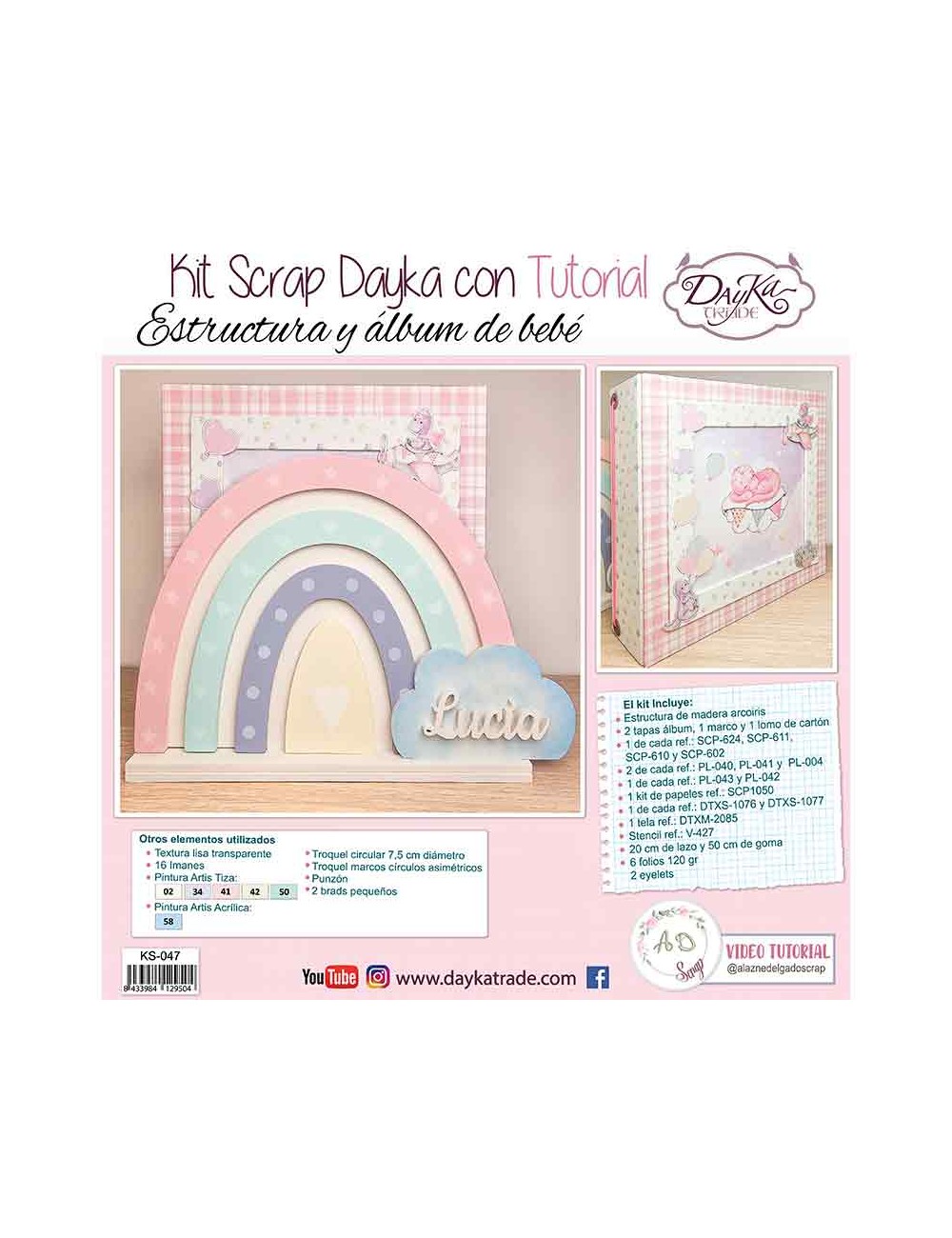 Kit scrap dayka estructura  arcoíris y álbum de bebé colección "puro amor" rosas