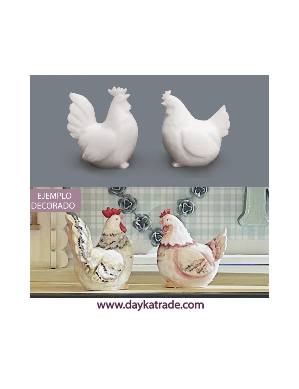 Pareja de figuras de resina de gallo y gallina