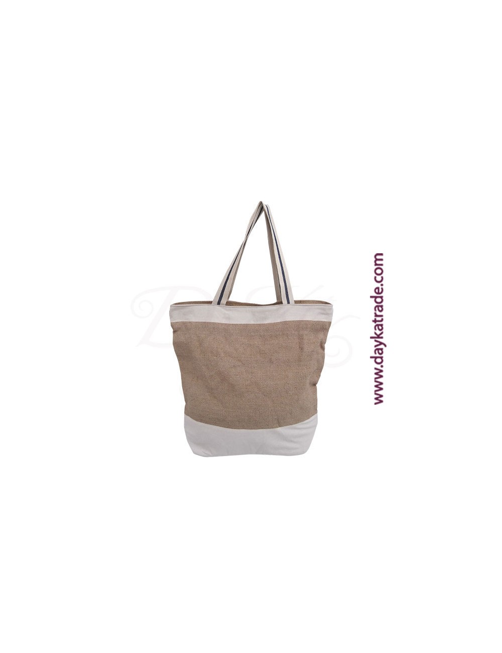 Bolso shopper de yute con franjas horizontales de tela blanca
