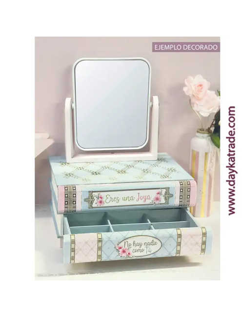 Joyero con tela prediseñada, espejo y cajones libro