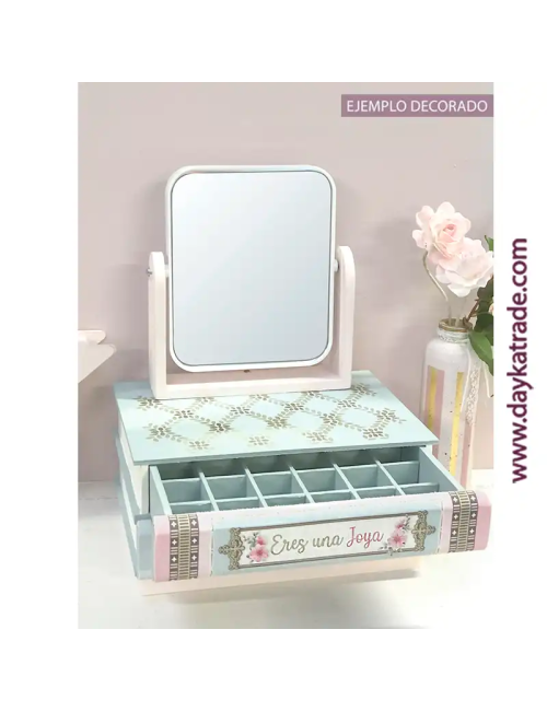 Joyero con tela prediseñada, espejo y cajones libro