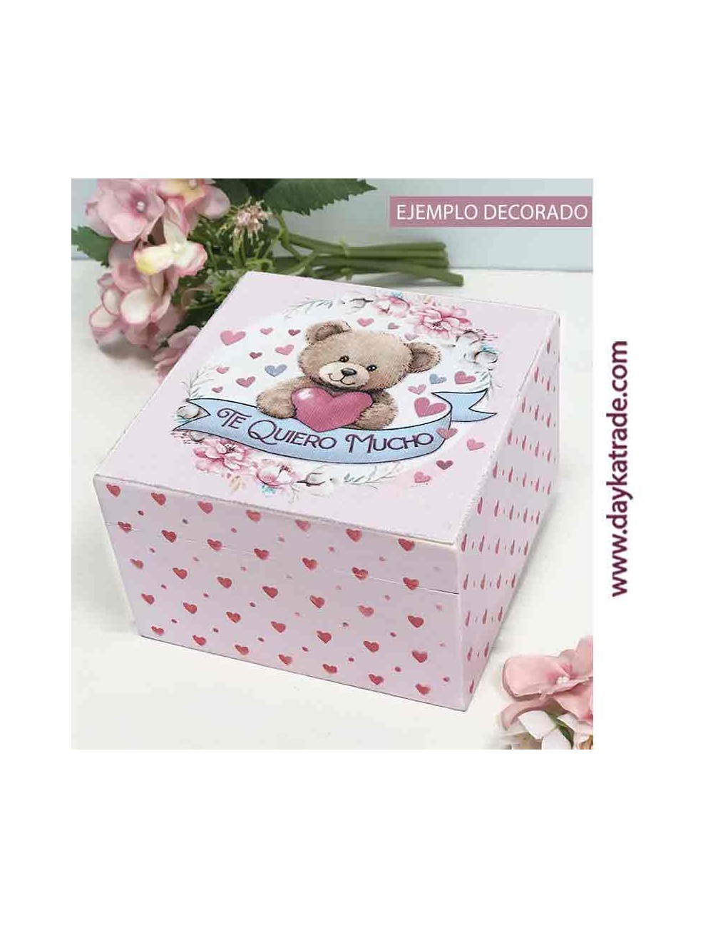 Caja con tela prediseñada frase "te quiero mucho"
