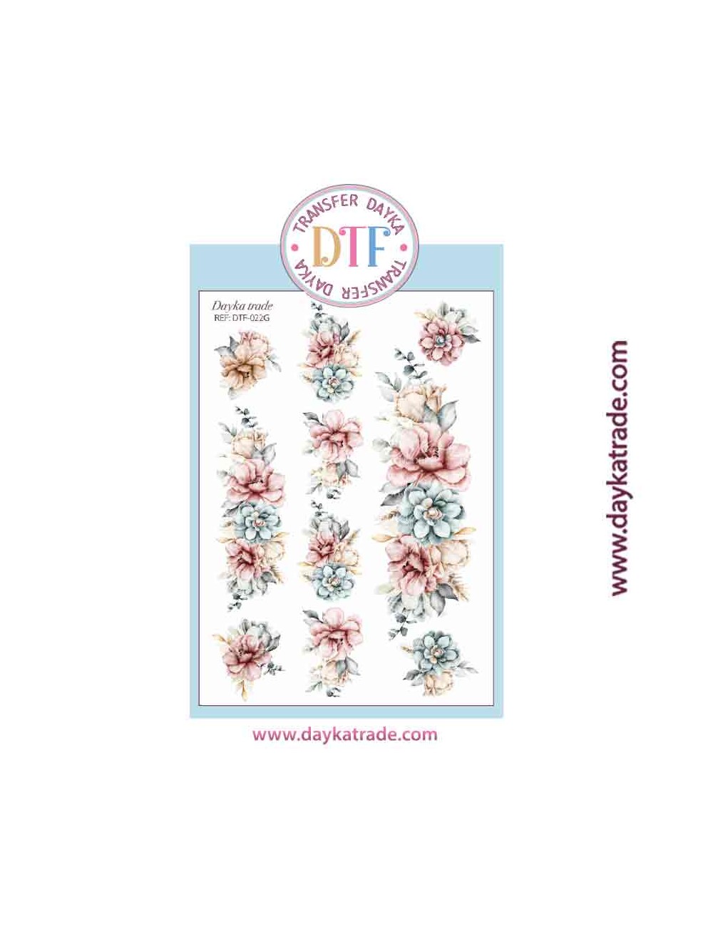 Transferencia textil con dibujo de flores rosas azules y blancas