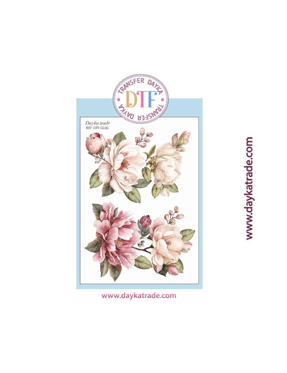 Transferencia textil con dibujo de flores rosas y blancas