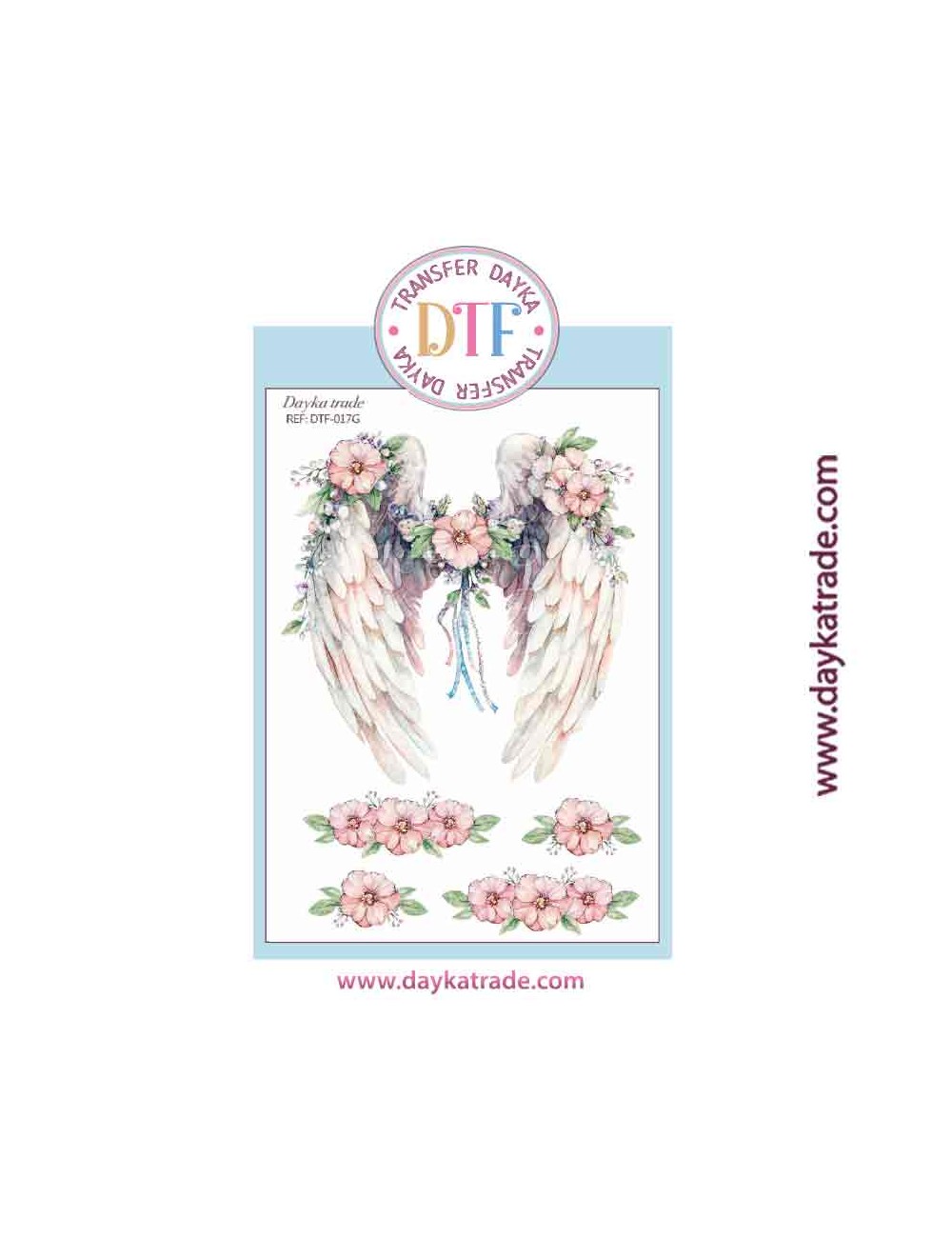 Transferencia textil con dibujo de alas con flores rosas