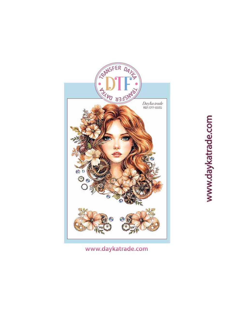 Transferencia textil con dibujo de chica pelirroja con flores y engranajes