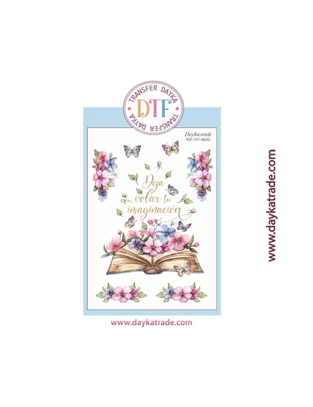 Transferencia textil con dibujo de libros y mariposas